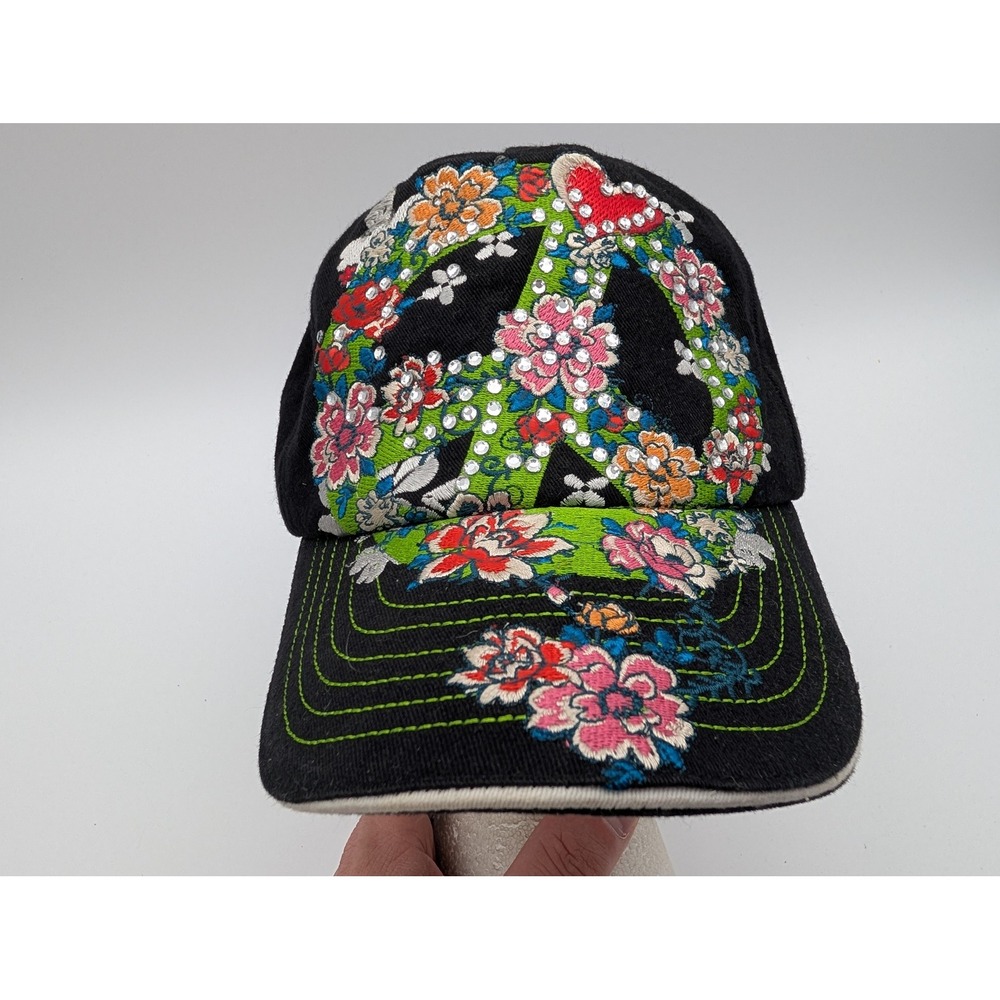 Classic Jolly Roger Black Cotton Floral Peace Sign Rhinestone Adjustable Hat